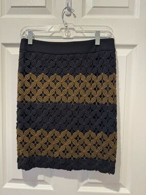 LOFT Black Pencil Skirt with Brown Crochet Stripes